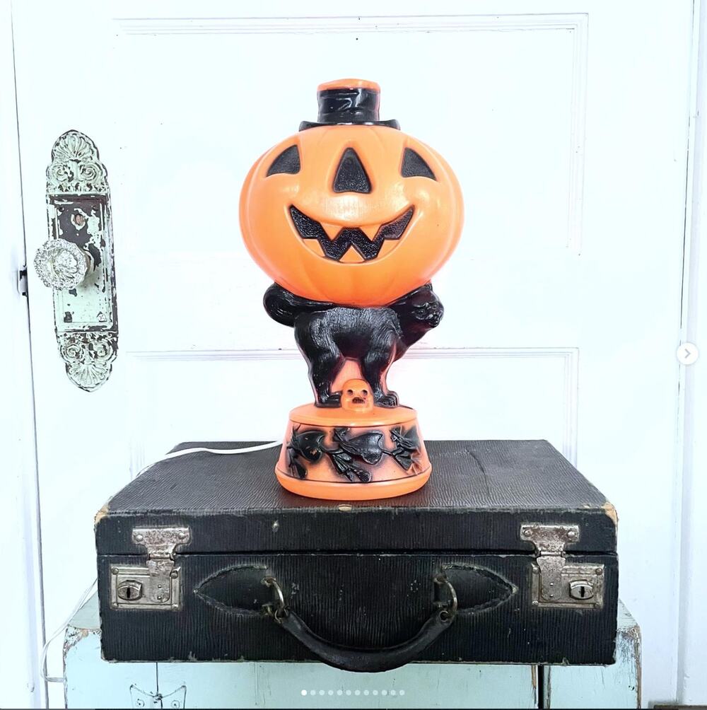 WORKS! Vintage Halloween Blow Mold Empire Black Cat Jack O'Lantern Pumpkin Witch